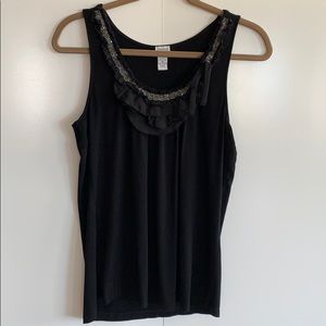 Women’s Black Tank with Beaded & Ruffled Neckline